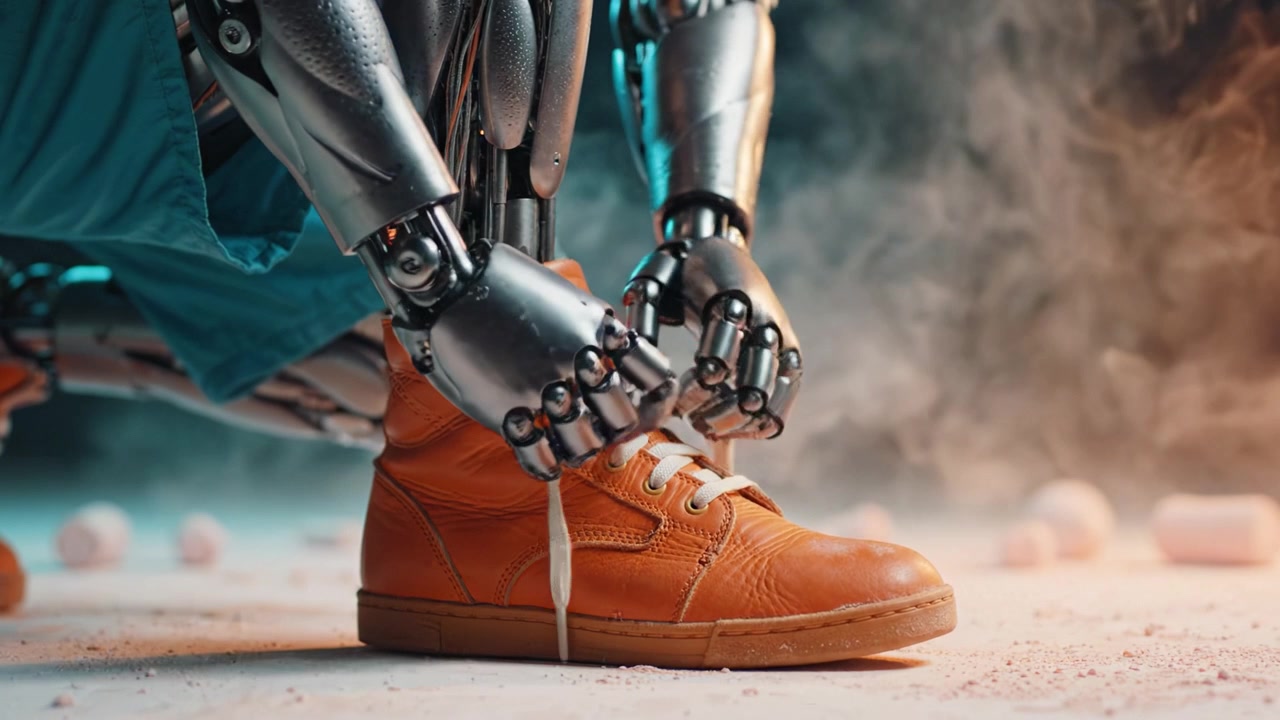 A robotic hand skillfully ties shoelaces on a stylish orange sneaker, blending advanced technology with footwear functionality in a visually captivating scene.