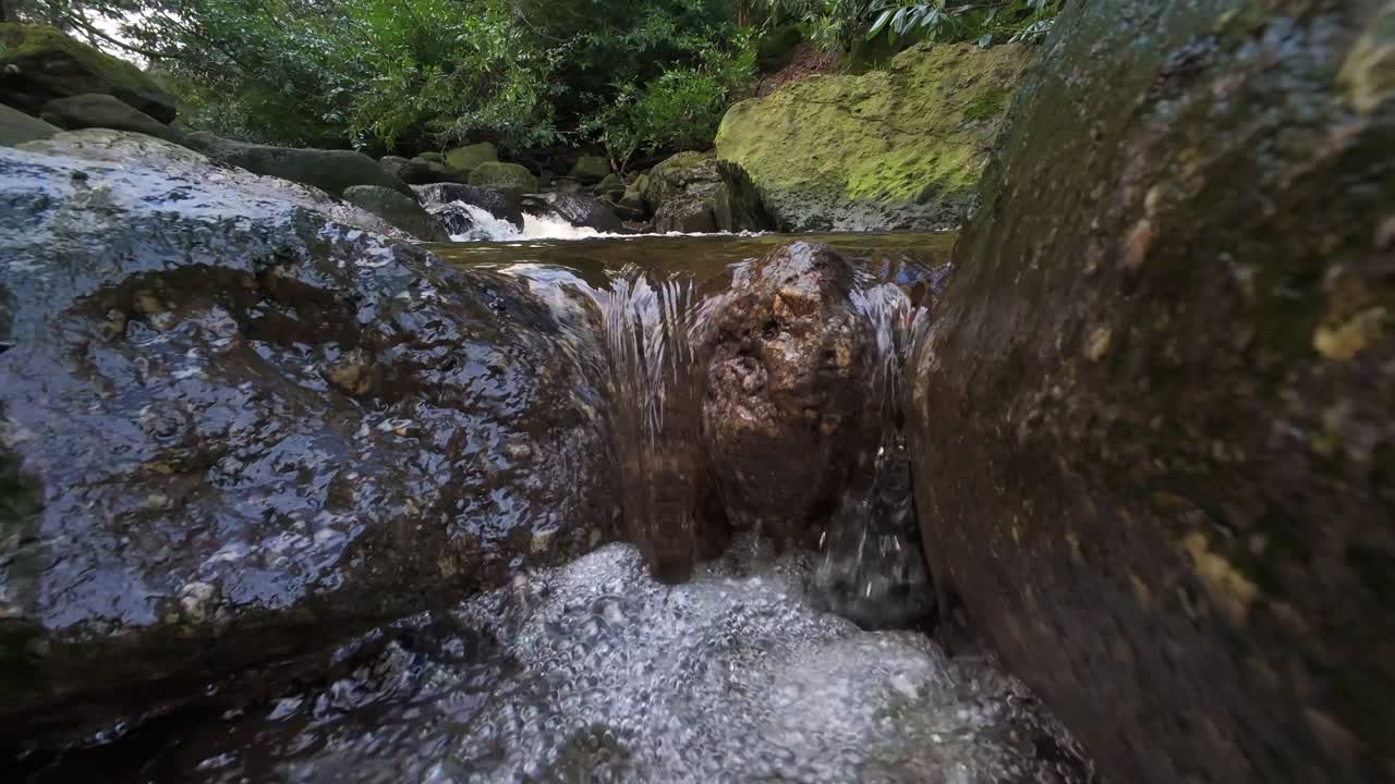 slow motion water cascading down rock pools through rocks