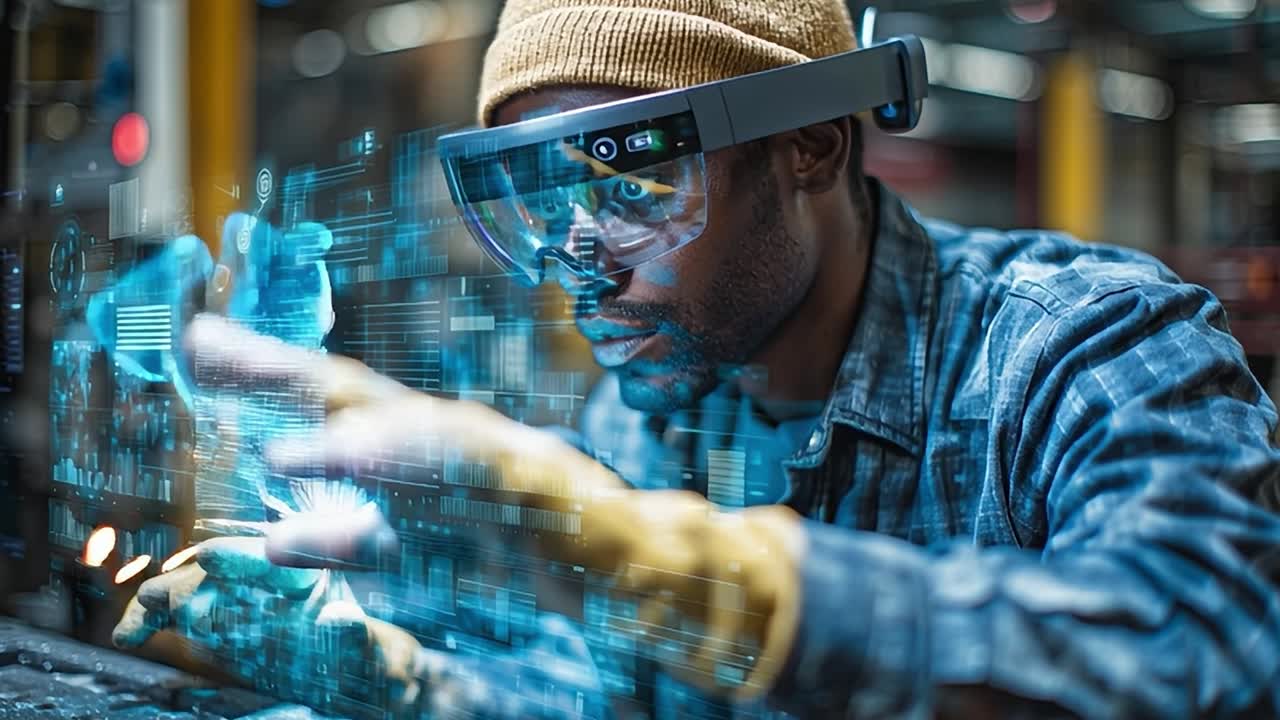 Technicien utilisant un équipement de réalité augmentée pour des tâches avancées en atelier