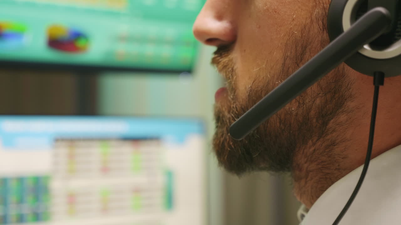 Close up broker wearing headphones talking with investors