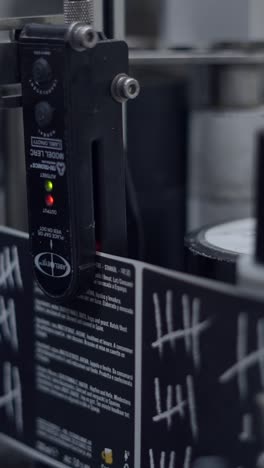 close-up of an industrial labeling machine with a sensor