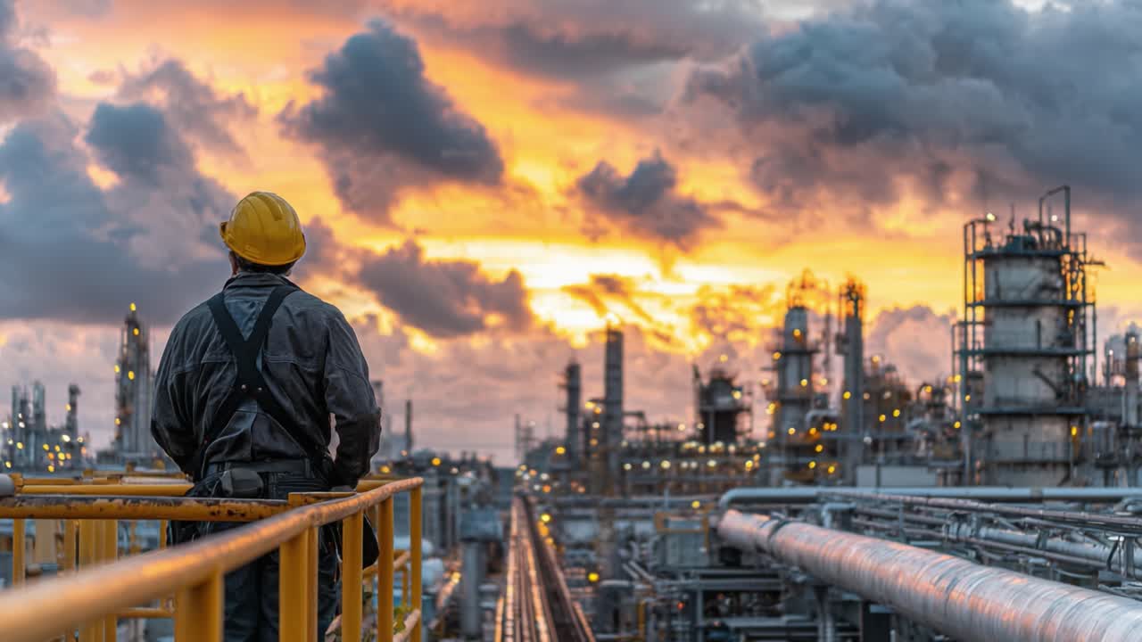 A Worker Overlooks an Industrial Landscape at Dusk, Capturing the Transformative Beauty of the Skyline Against a Dramatic Sunset Filled with Colors and Clouds