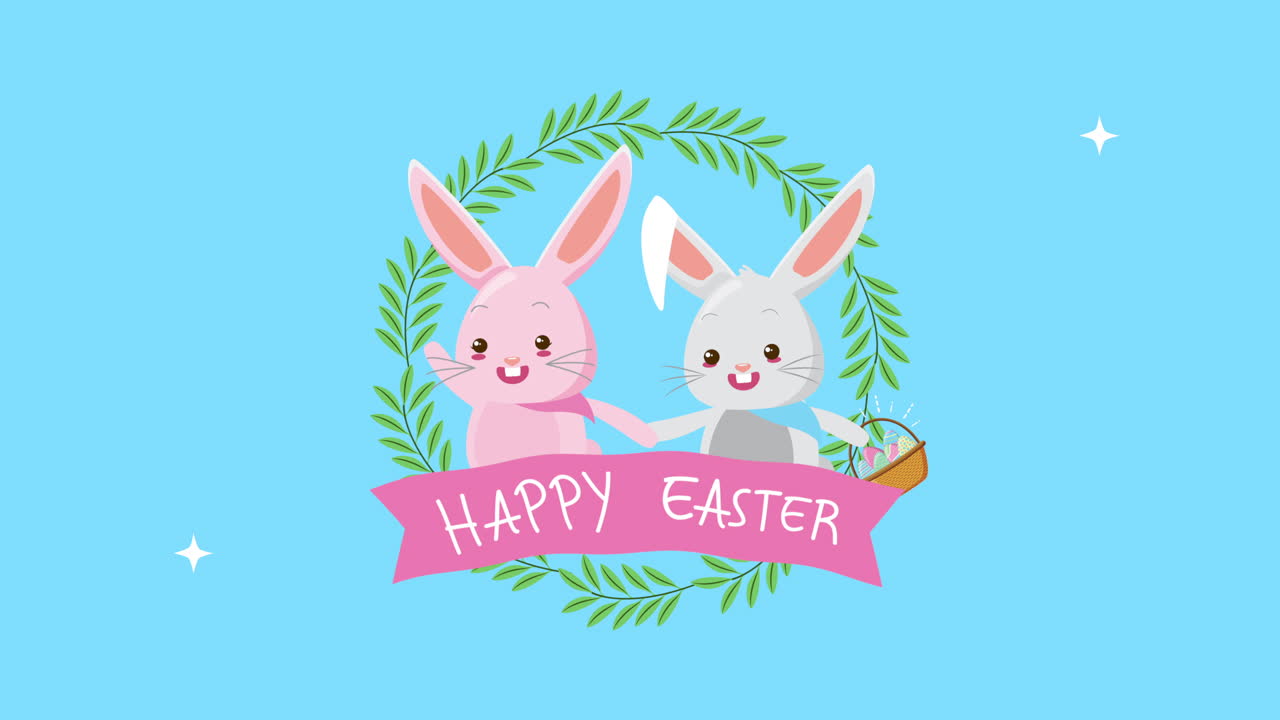 토끼 부부 와 꽃 프레임 을 가진 행복 한 부활절 애니메이션 카드