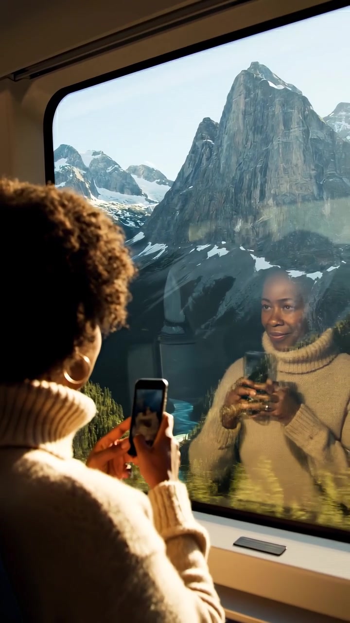 Kvinne som reiser med tog og fotograferer fjellandskap