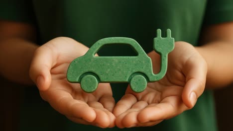 close-up shot of hands holding a green electric car icon, symbolizing eco-friendly transportation