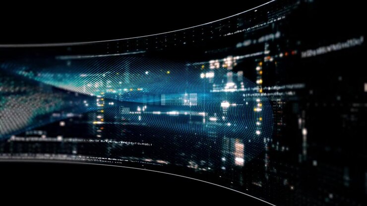 Abstract particle motion with vibrant colors, digital flowing particles, VR, futuristic sci-fi, tech innovation, and immersive cyber space background