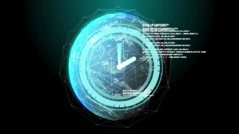 digital clock face with data processing animation over glowing globe