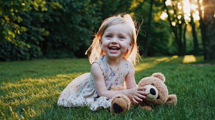 Bambina felice che gioca al parco con un orsetto di peluche