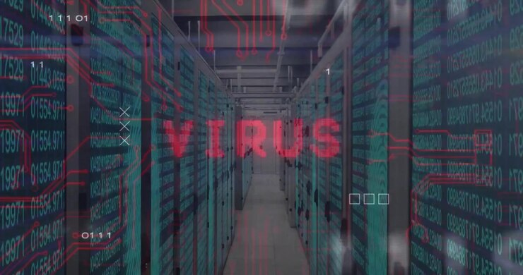 On start corridor showing binary stream, circuits fading, virus flickering and signaling infection
