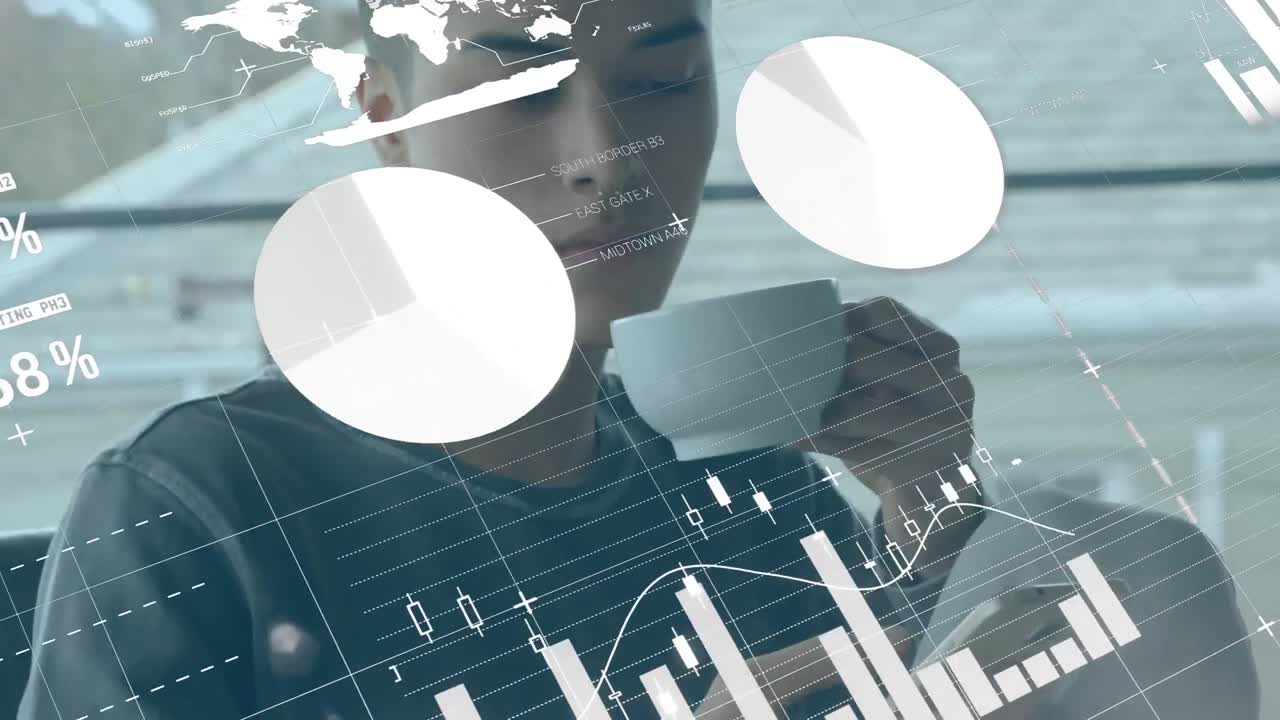 Animatie van statistieken en gegevensverwerking van een man die een smartphone gebruikt