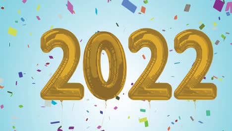 animación de números de globos dorados de 2022 y confeti sobre fondo azul