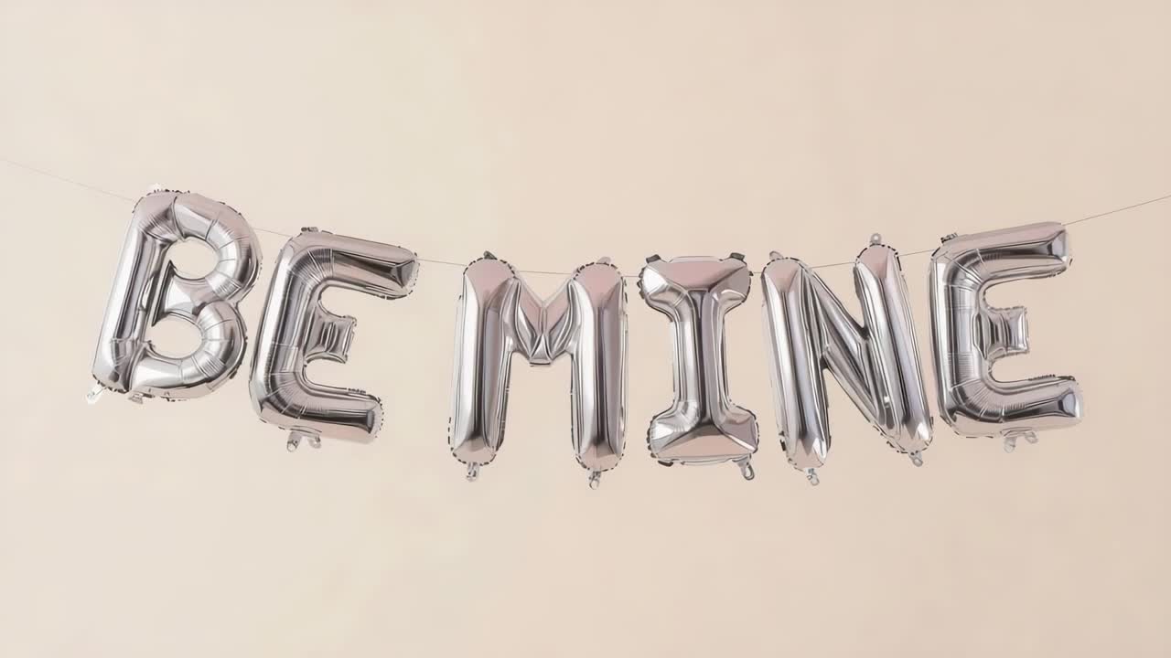 Shifting foil balloons spelling BE MINE changing silver to red against beige wall as frames advance