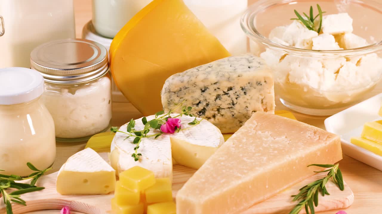 varios productos lácteos dispuestos sobre un fondo naranja