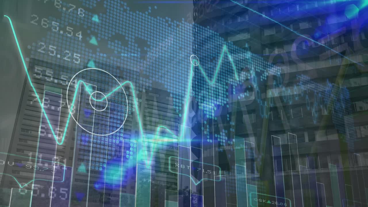 animación del procesamiento de datos y mapa del mundo sobre el paisaje urbano