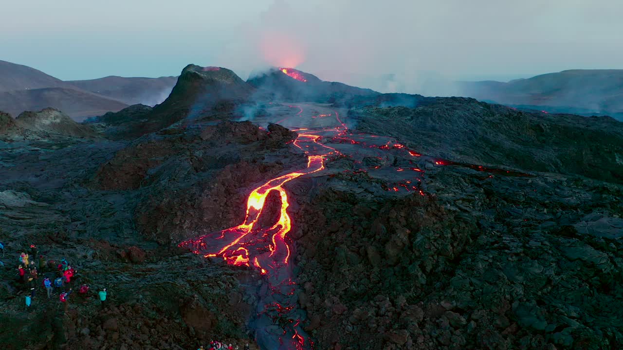 Aerial view of flowing hot lava after gigantic volcano eruption in Iceland