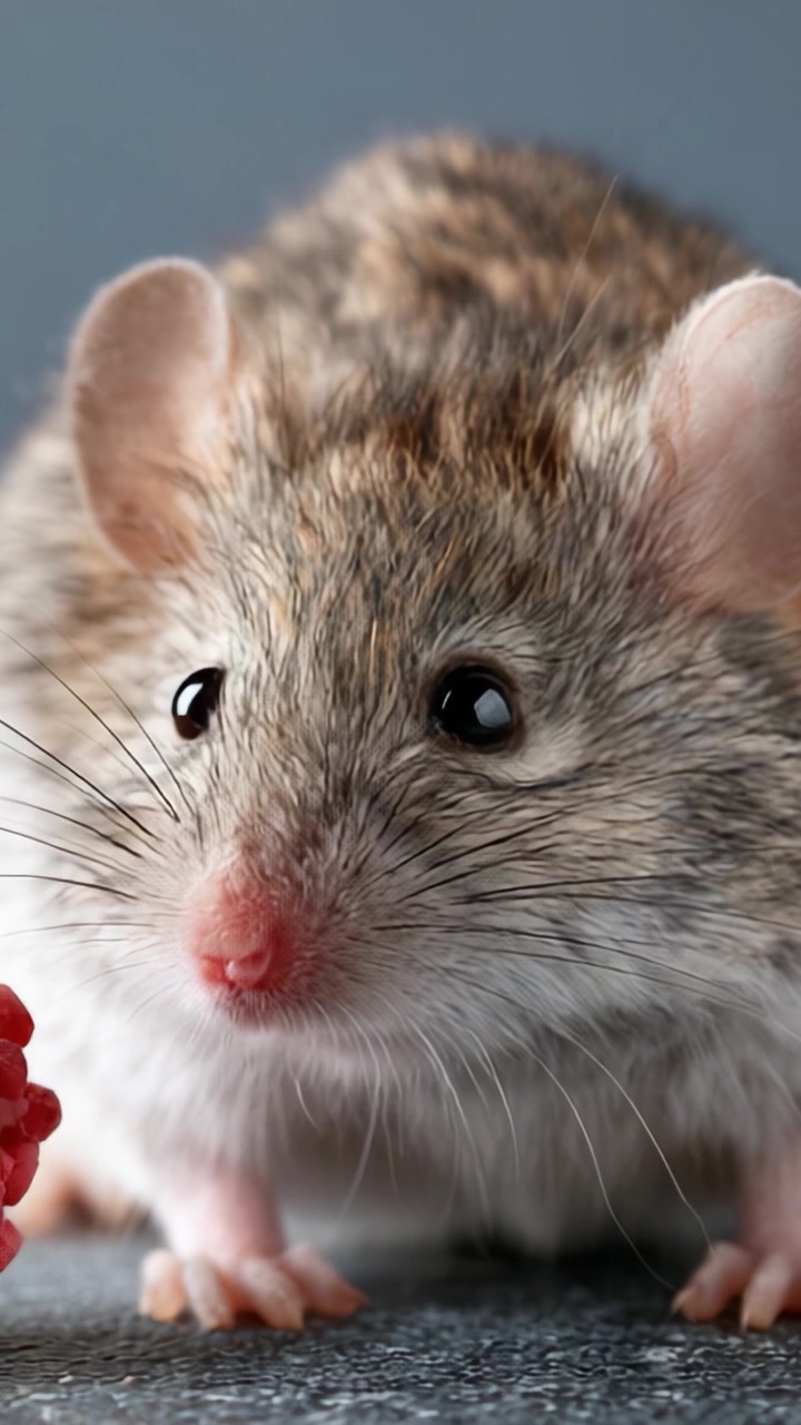 Close-Up Exploration of a Curious Mouse: Captivating Details of Its Expressions and Features in a Delightful Setting with a Berry