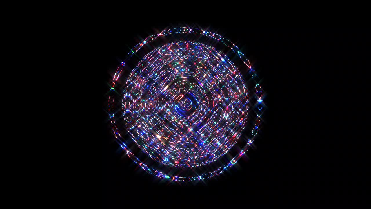 forma redonda animada de luces intermitentes multicolores, sobre un fondo negro