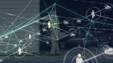 Animation-of-network-of-profile-icons-over-male-worker-opening-the-parking-gate-at-the-airport