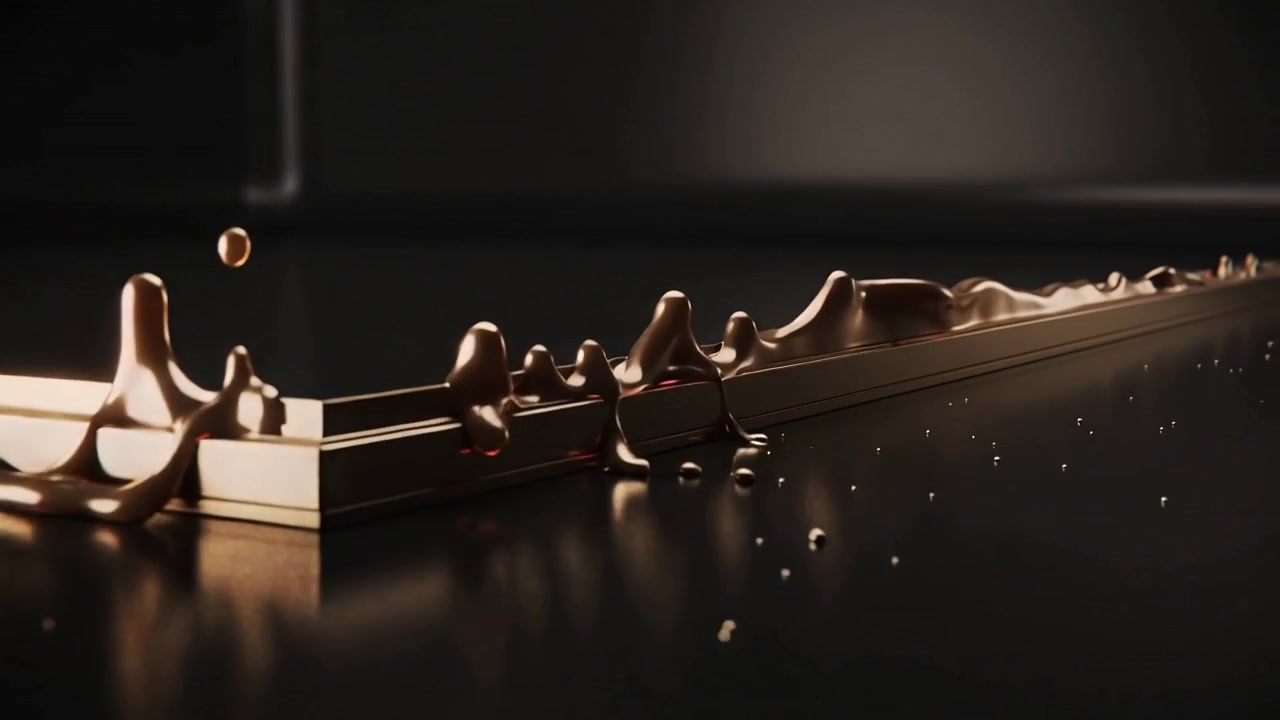 Flowing bronze ribbon tracing narrow metal frame on glossy black studio tabletop, fed by pour