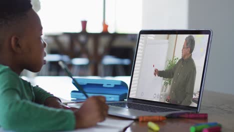 African-american-boy-having-a-video-call-on-laptop-while-doing-homework-at-home