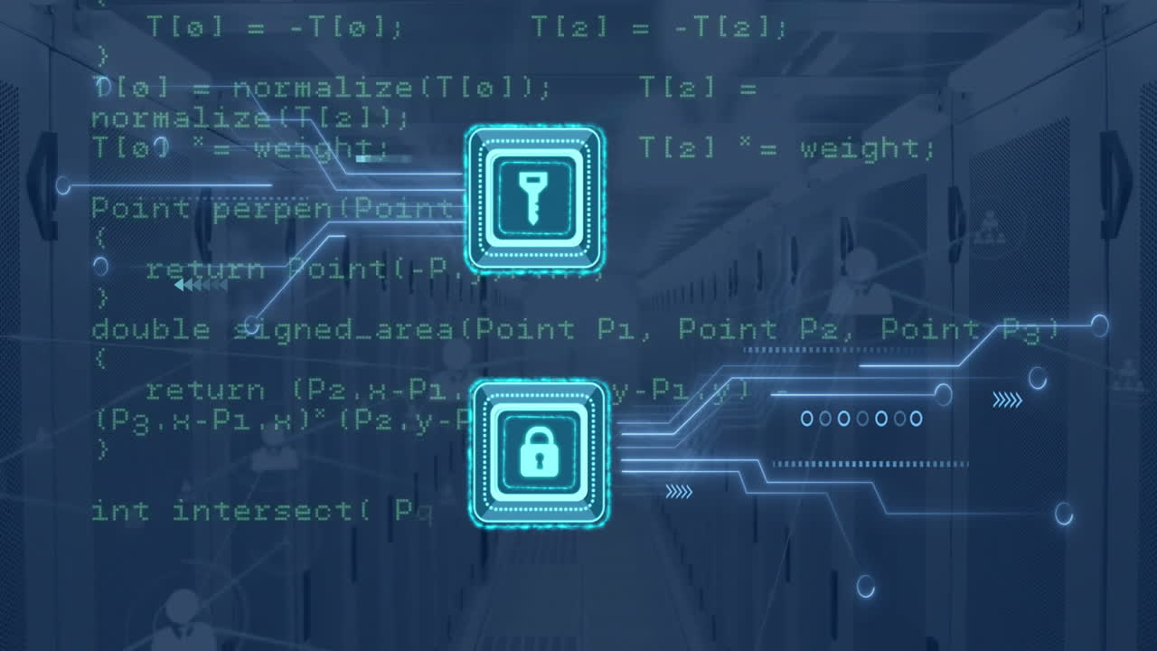 Animation of padlock and key icons with circuit board and data processing over computer servers