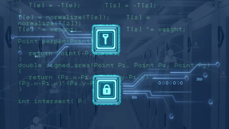 Animation of padlock and key icons with circuit board and data processing over computer servers