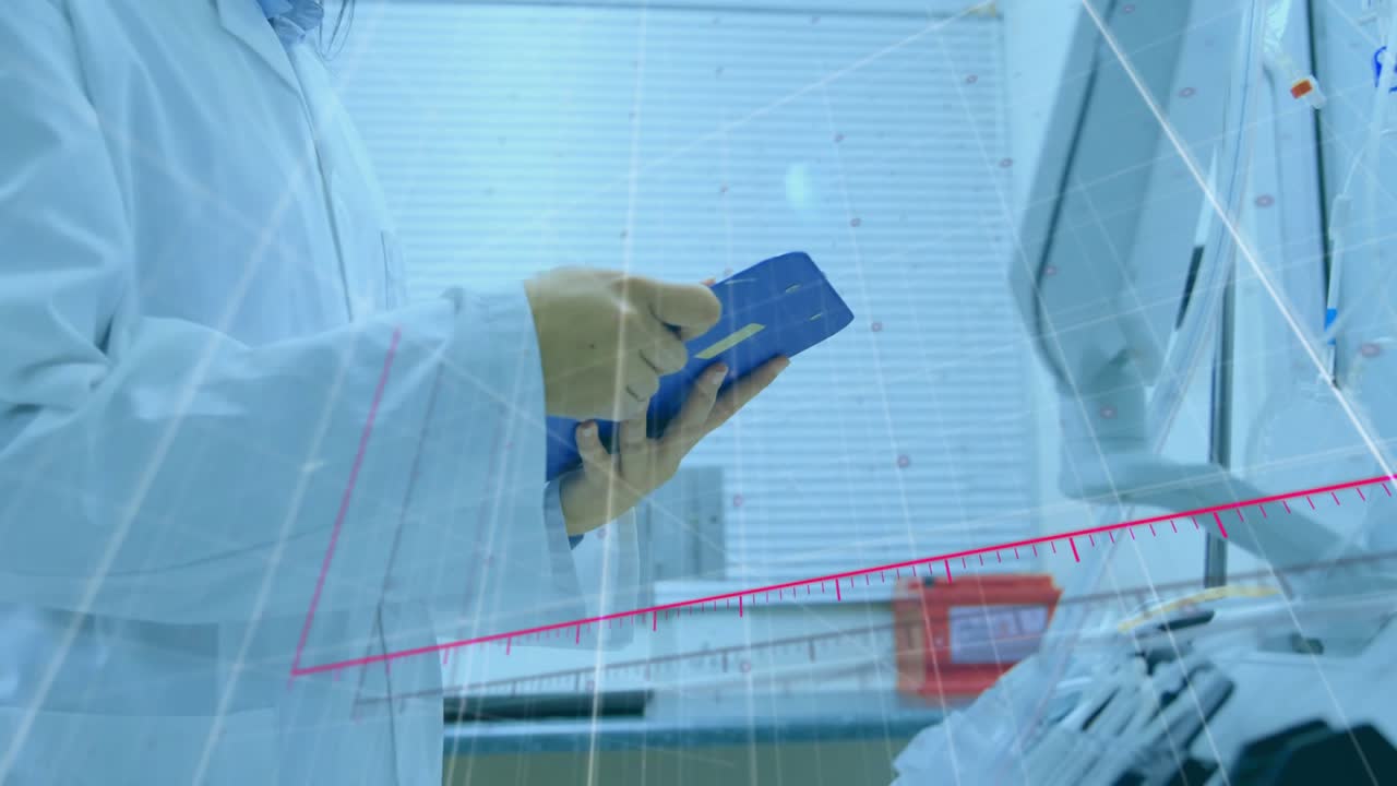 Lab tech tapping blue tablet and shifting gaze to monitor, updating magenta chart with dotted arrow