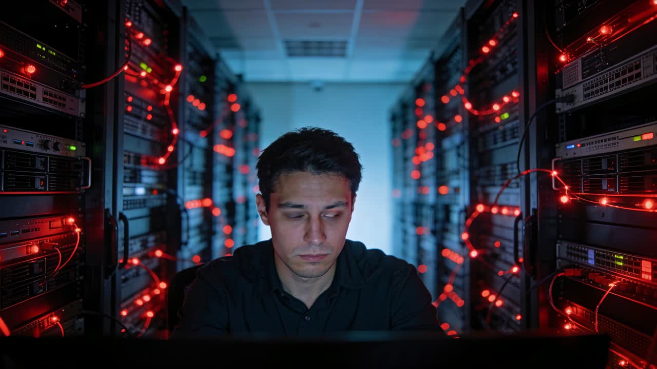 IT tech rubbing eye, focusing monitor and inspecting red LEDs on server racks for troubleshooting