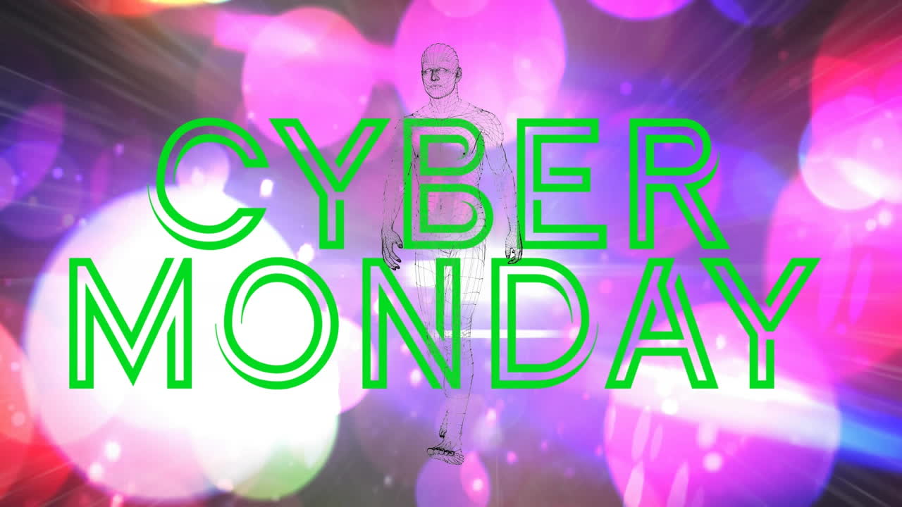 Human body model walking over cyber monday text against colorful spots of bokeh lights
