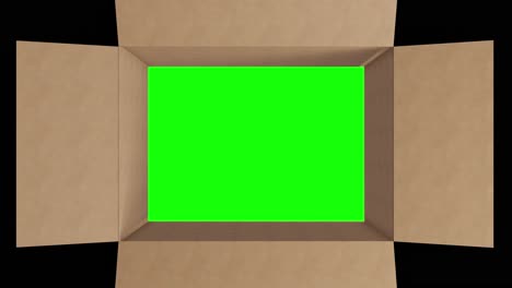 Overhead-of-green-screen-in-brown-cardboard-box-with-lid-opening-on-black-background