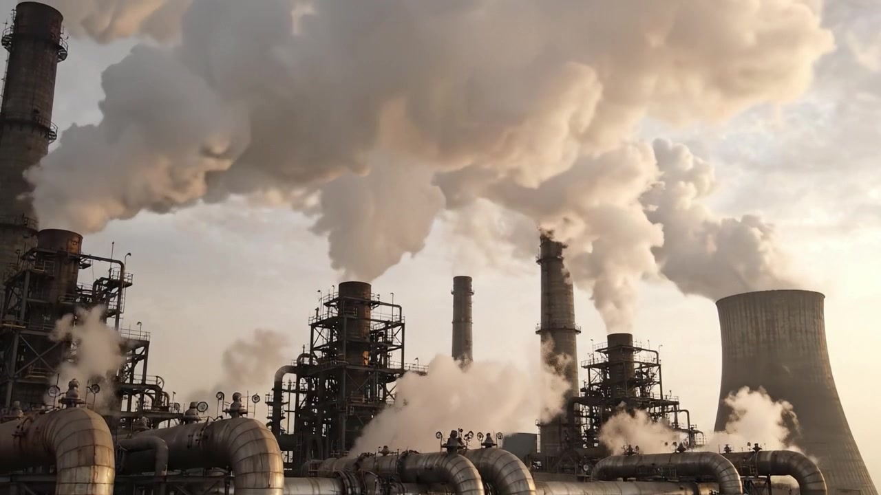Industrial Power Plant Emitting Dense Smoke and Steam, Highlighting Environmental Concerns Related to Fossil Fuels and Air Quality in Urban Areas