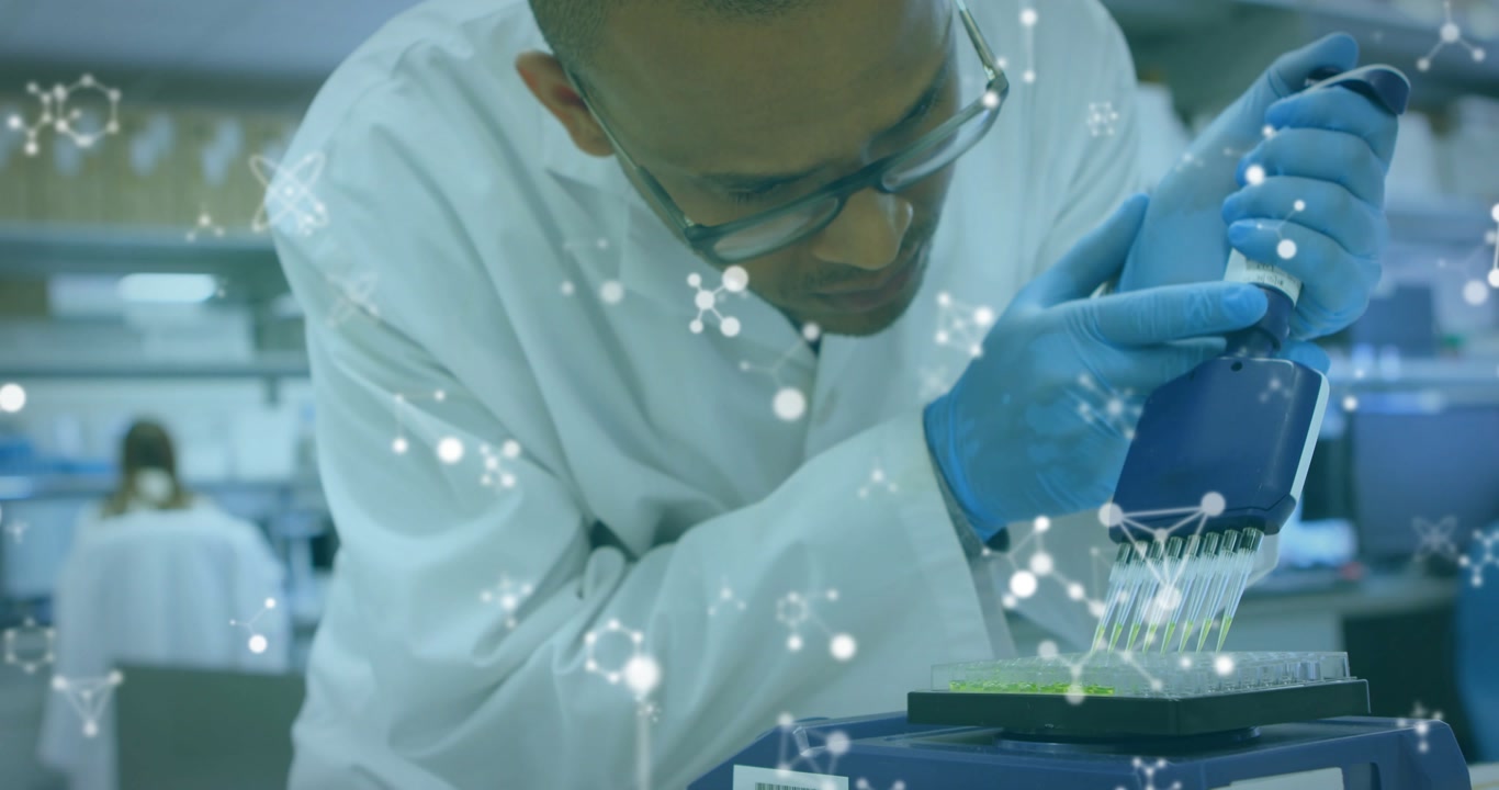 Male tech aligning blue pipette, causing dispensing into plate for lab test, overlay marking wells