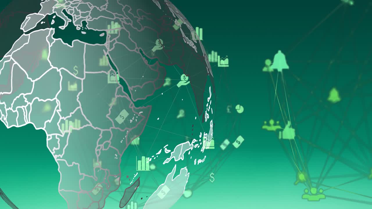 추상적인 배경에 대해 지구를 형성하는 연결된 아이콘 위에 회전하는 지구의 애니메이션