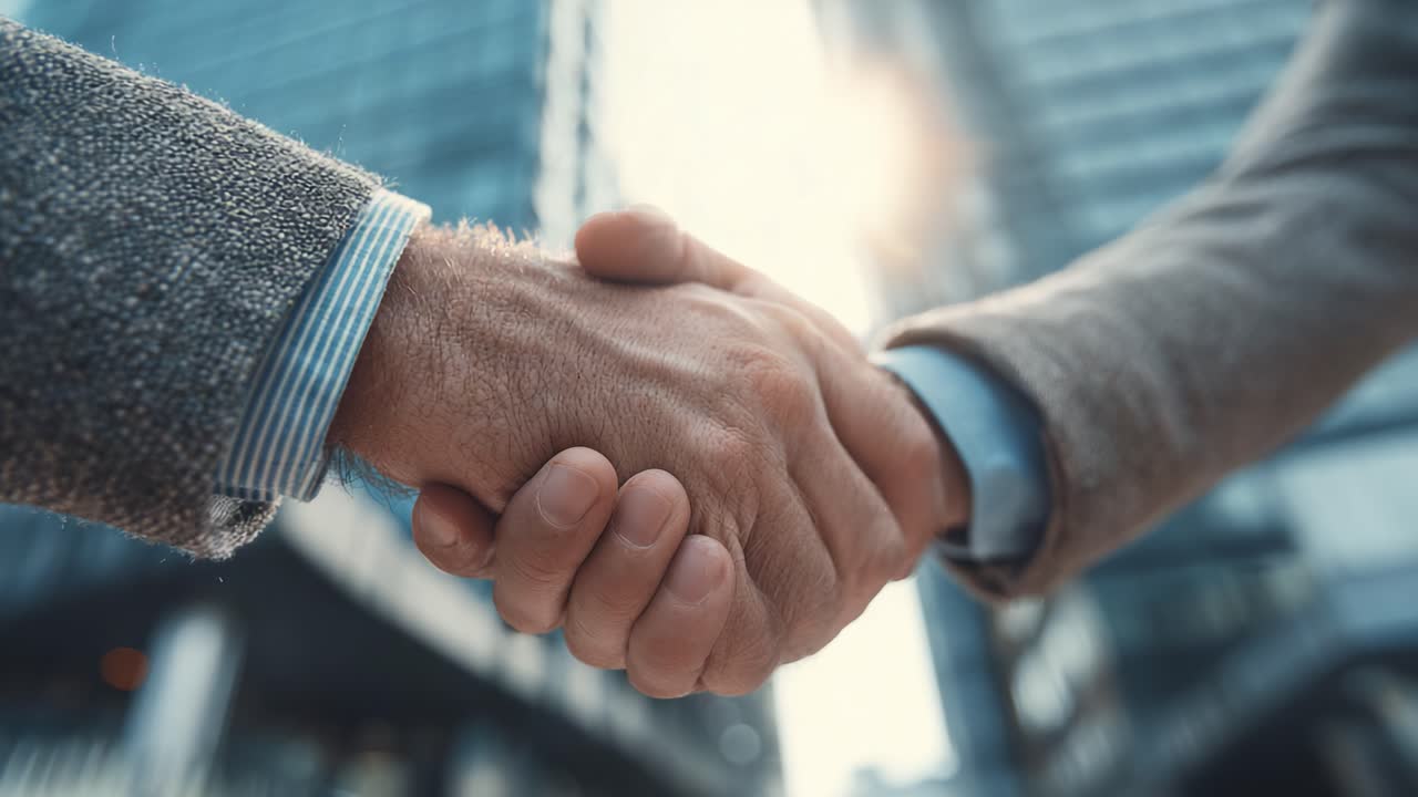 A Moment of Agreement: Two Individuals Engaging in a Firm Handshake Against a Modern Urban Background Signifying Collaboration and Trust