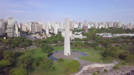 São-Paulo-city-center-with-monument-and-skyline,-Brazil-aerial-static-shot