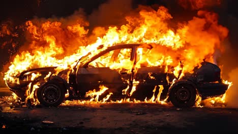 a car is engulfed by flames on the side of the road