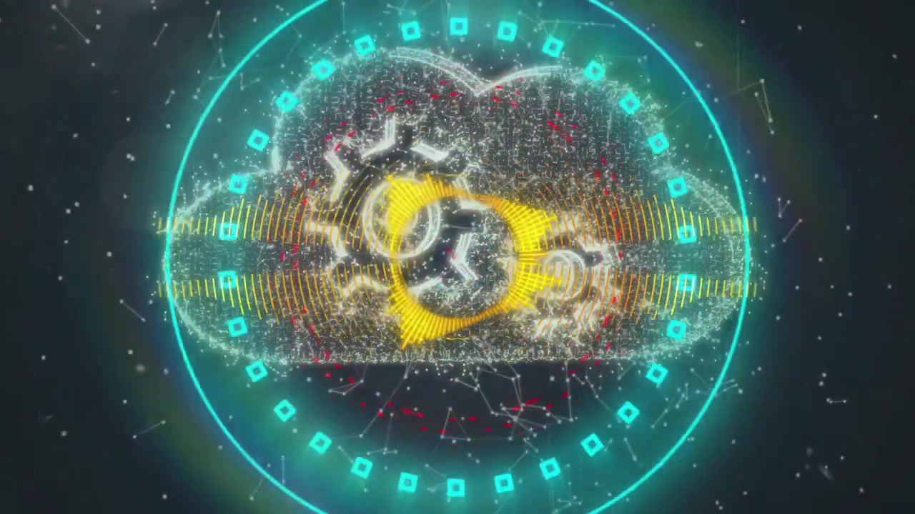 Digital Cloud Computing Concept with Rotating Gears and Data Visualization