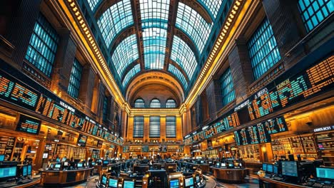 grand central station interior with trading desks and digital displays