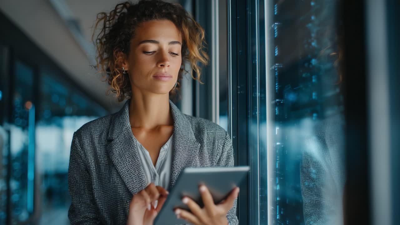 A woman with curly hair holding a tablet stands thoughtfully by a large window, contemplating her next move in a modern, tech-driven environment filled with digital information