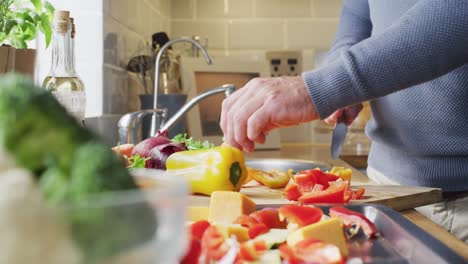 Midsection-of-caucasian-man-standing-in-kitchen,-cooking-dinner-and-chopping-vegetables