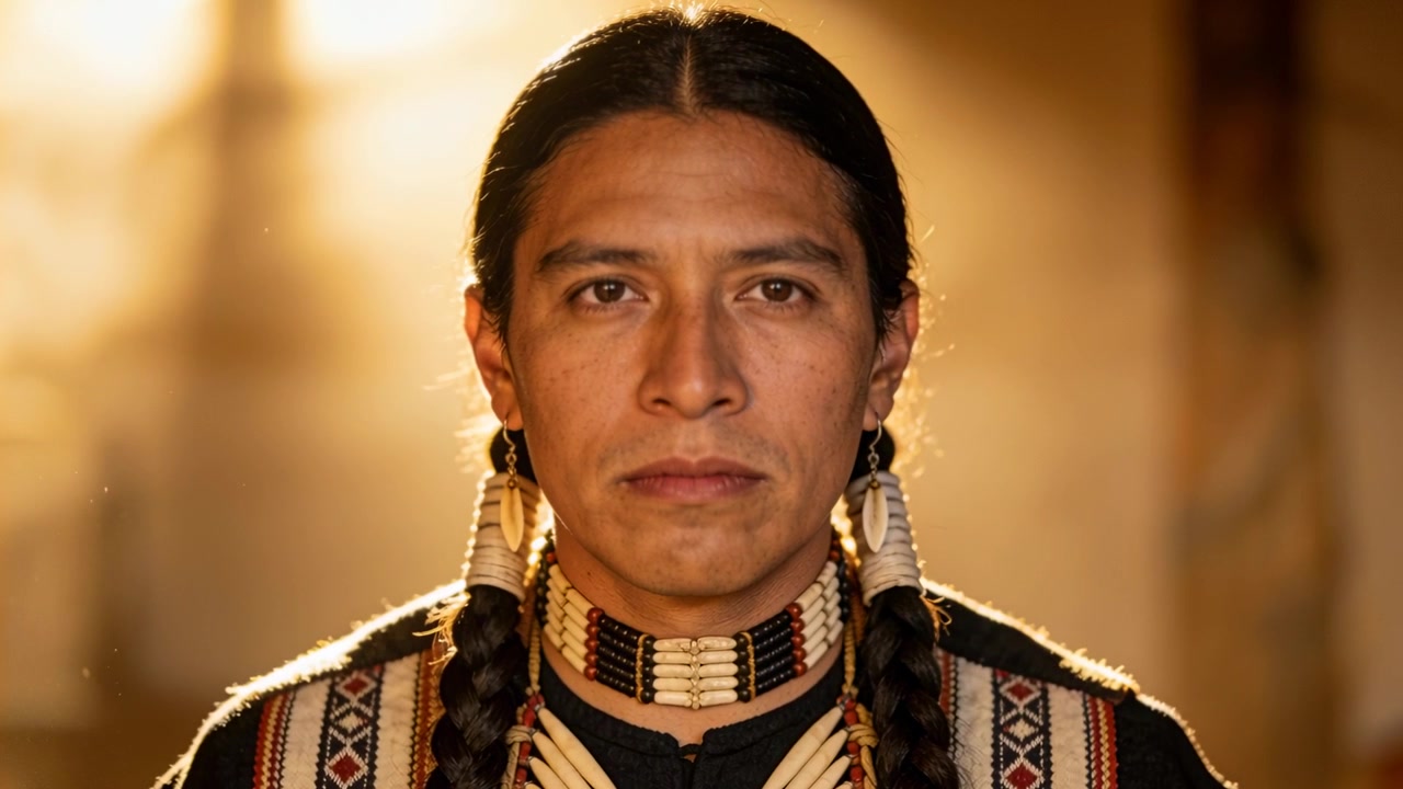 Kameraaufnahme startet, indigener Mann posiert für ein zeremonielles Porträt in traditioneller Kleidung mit Perlenhalsband.