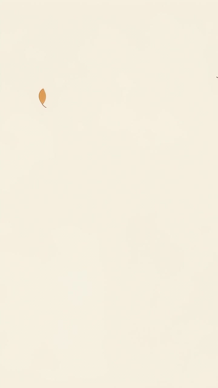 Vídeo vertical: Aparecendo em 1s, folha laranja à deriva, girando sobre tela bege como decoração, espaço para texto.