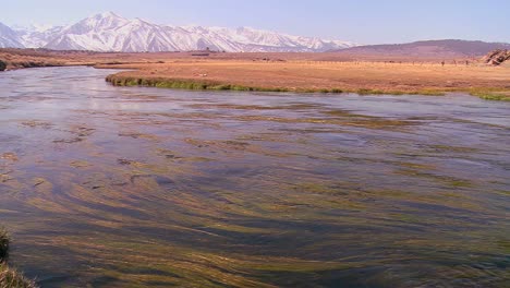 a slow pan as a beautiful river runs through the sierra nevada mountains