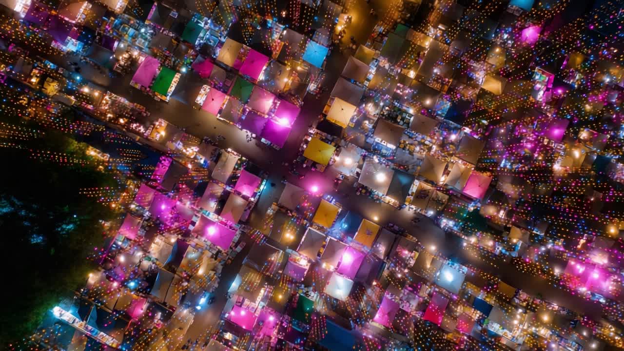 Aerial View of Vibrant Night Market Transformation: From Buzzing Vendor Stalls to Dazzling Light Displays with Colorful Canopies Creating a Stunning Visual Experience of Cobblestone Streets