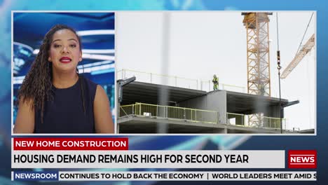 split screen tv news live report: anchor talks. reportage montage covering: economy, business, city, traffic, green solution, real estate development. television program channel playback. luma matte