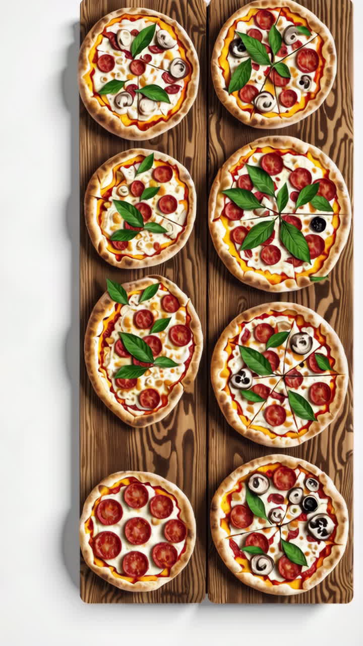 Variety of Pizzas with Pepperoni, Mushrooms, and Basil on a Wooden Board