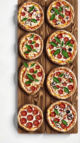 variety of pizzas with pepperoni, mushrooms, and basil on a wooden board