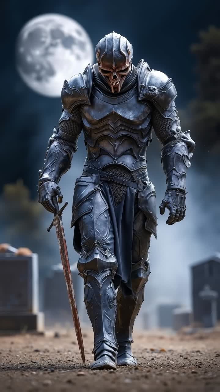 A man in armor holding a sword in front of a full moon