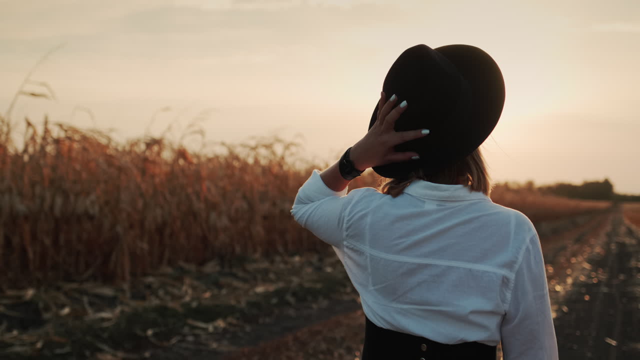 granjero con vestido y sombrero camina en un campo de maíz maduro 10