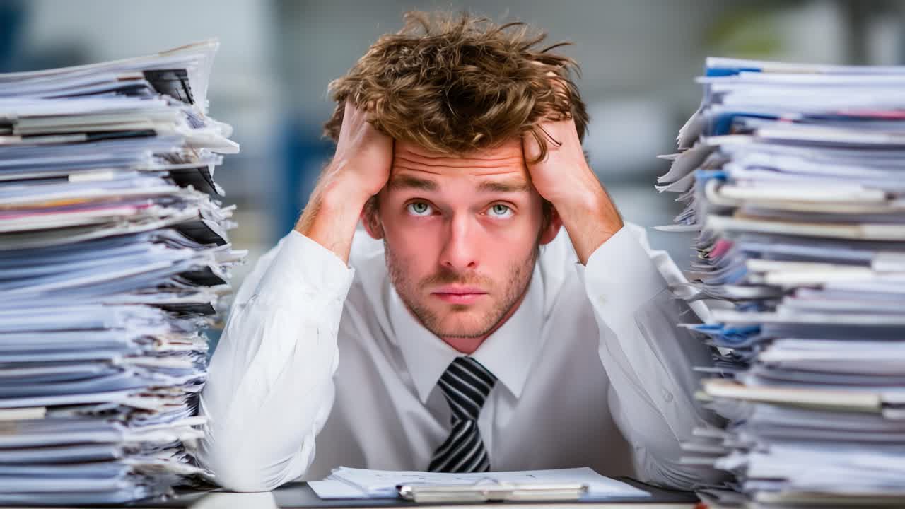 A Professional Overwhelmed by Paperwork: Capturing the Stress and Anxiety of Managing an Overabundance of Files and Responsibilities in a Workplace Setting
